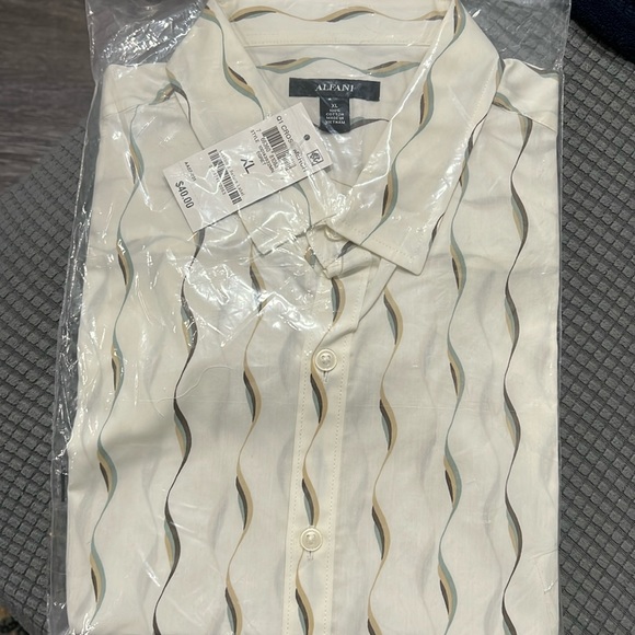 NWT Alfani men ivory short sleeve button down shirt egret waves green yellow XL - Picture 2 of 4